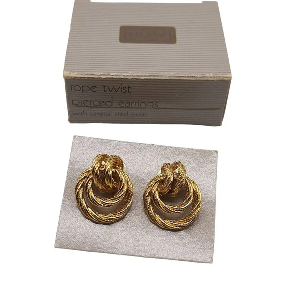 Avon 1986 Rope Twist Pierced Earrings Gold Tone Surgical Steel Posts - Picture 1 of 4